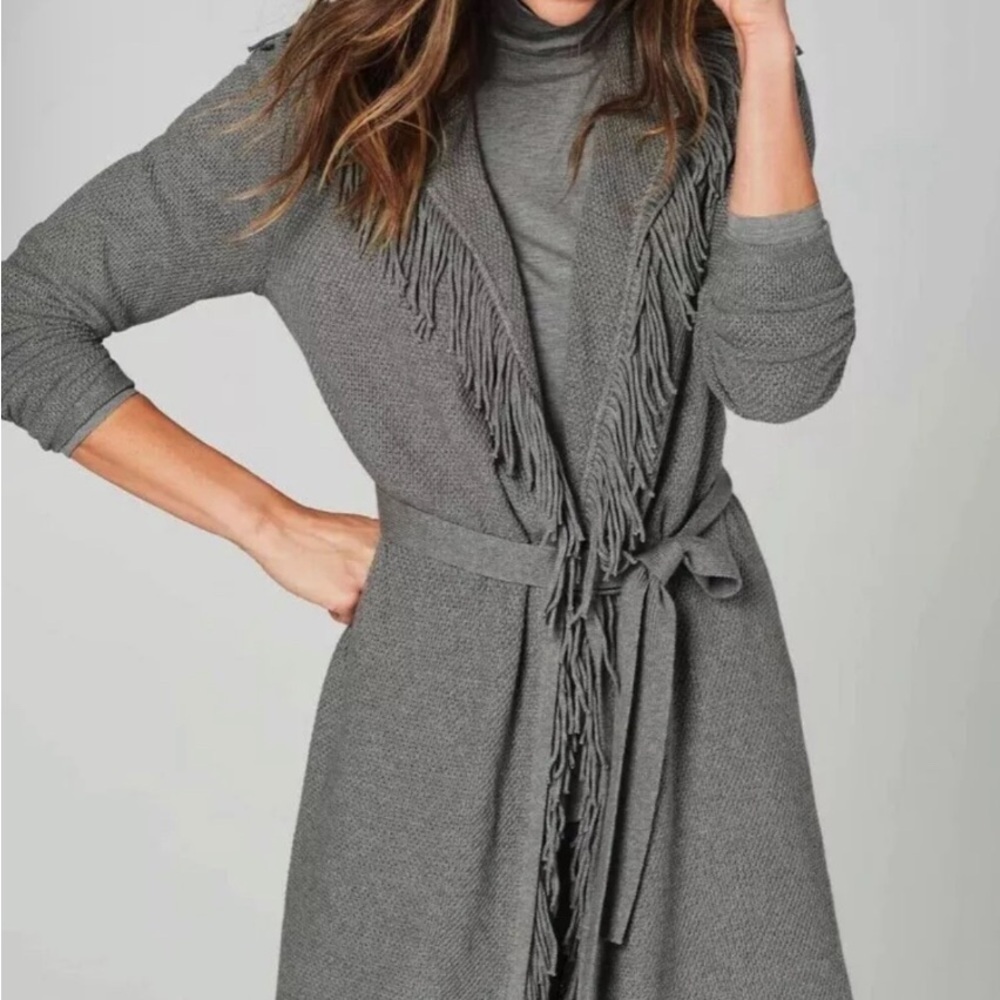 J. Jill Women’s Size Large Dark Grey Fringed Wrap Cardigan Sweater Knit belted